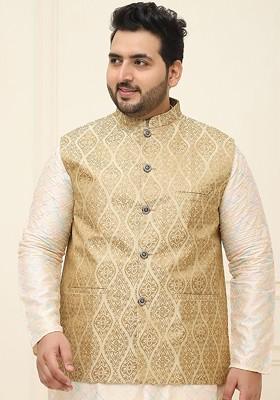 Beige Printed Poly Blend Nehru Jackets For Men