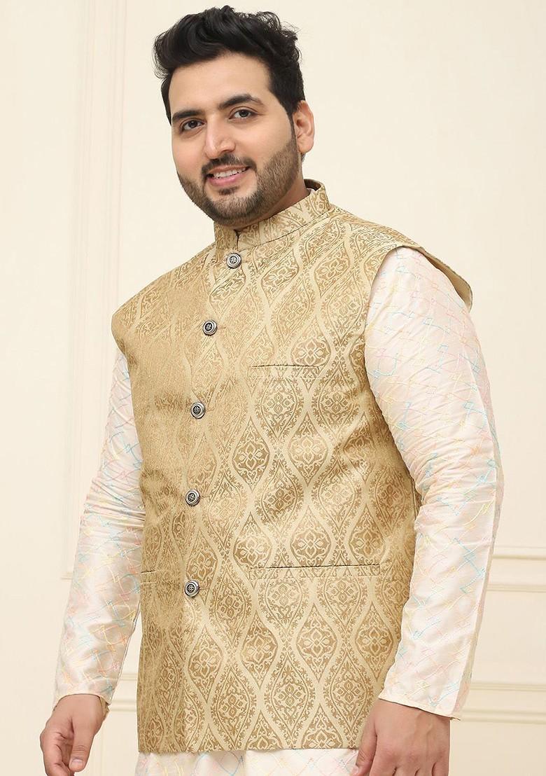 Beige Printed Poly Blend Nehru Jackets For Men