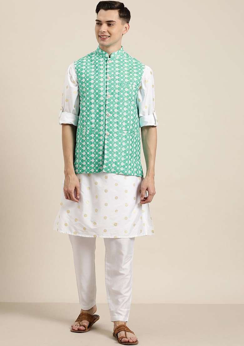 Green Embroidered Poly Blend Nehru Jackets For Men - Indya
