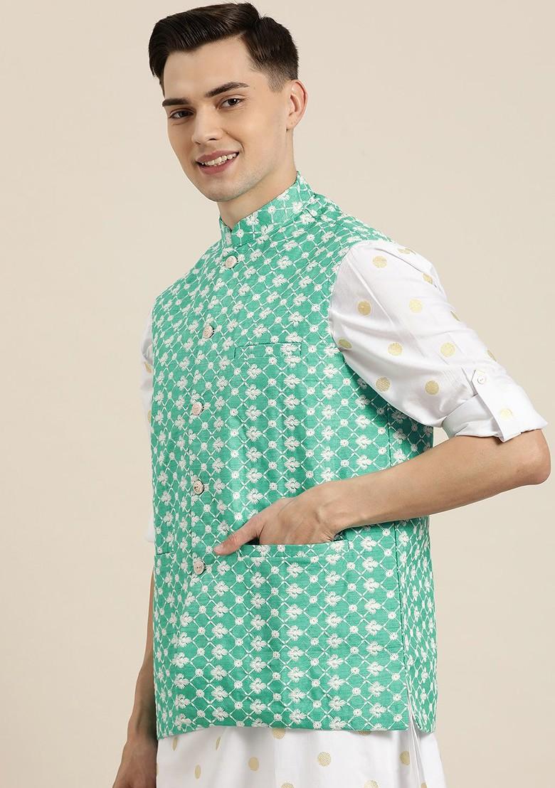 Green Embroidered Poly Blend Nehru Jackets For Men