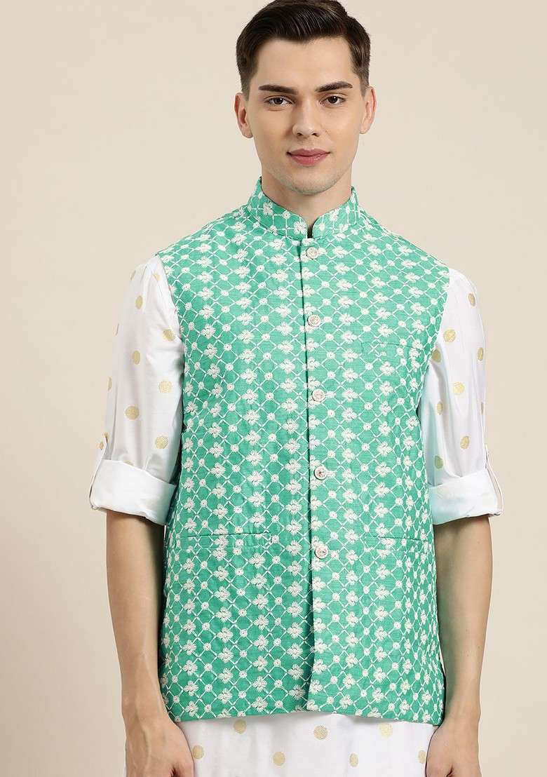 Green Embroidered Poly Blend Nehru Jackets For Men - Indya