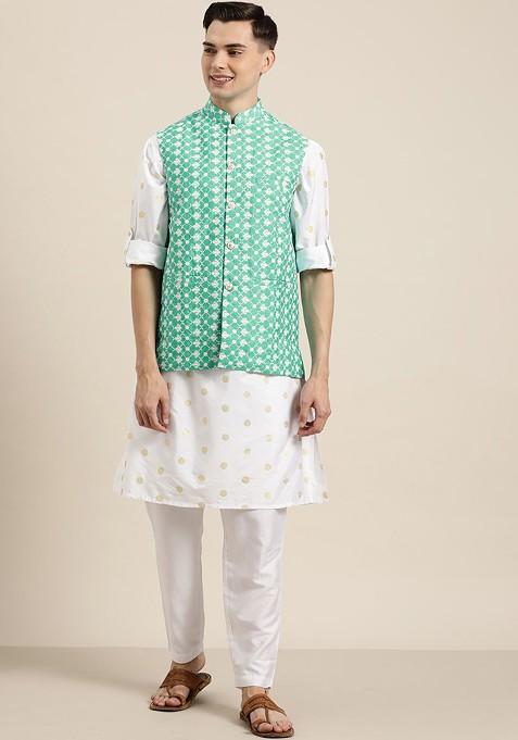 Green Embroidered Poly Blend Nehru Jackets For Men — view on Indya