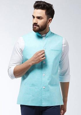 Turquoise Blue Solid Poly Blend Nehru Jackets For Men
