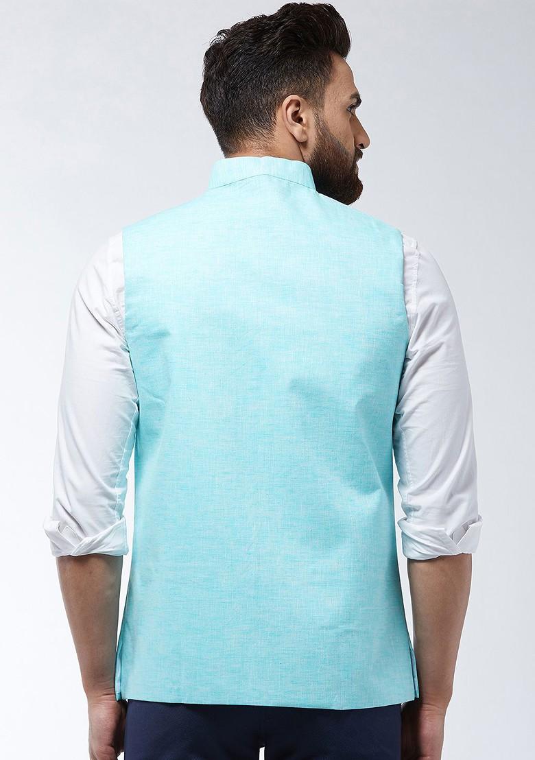 Turquoise Blue Solid Poly Blend Nehru Jackets For Men