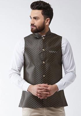 Black Woven Poly Blend Nehru Jackets For Men