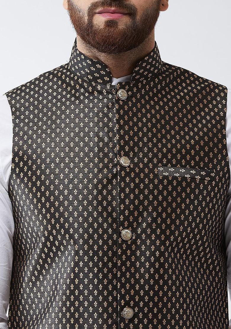 Black Woven Poly Blend Nehru Jackets For Men