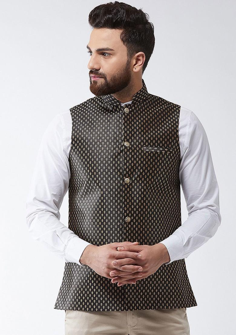 Black Woven Poly Blend Nehru Jackets For Men