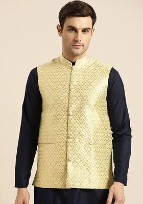 Yellow Woven Poly Blend Nehru Jackets For Men