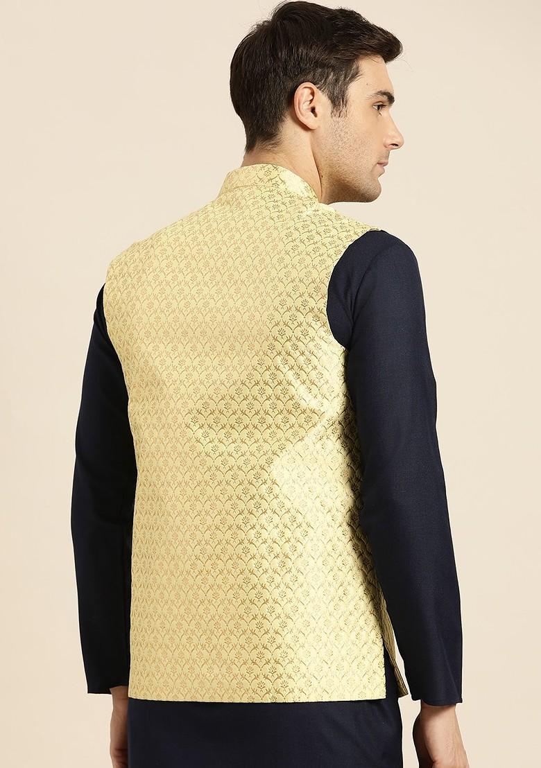 Yellow Woven Poly Blend Nehru Jackets For Men