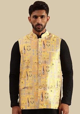 Yellow Geometric Print Brocade Nehru Jackets For Men