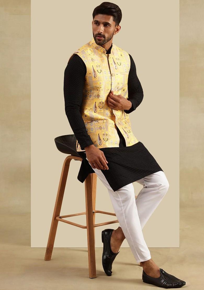 Yellow Geometric Print Brocade Nehru Jackets For Men