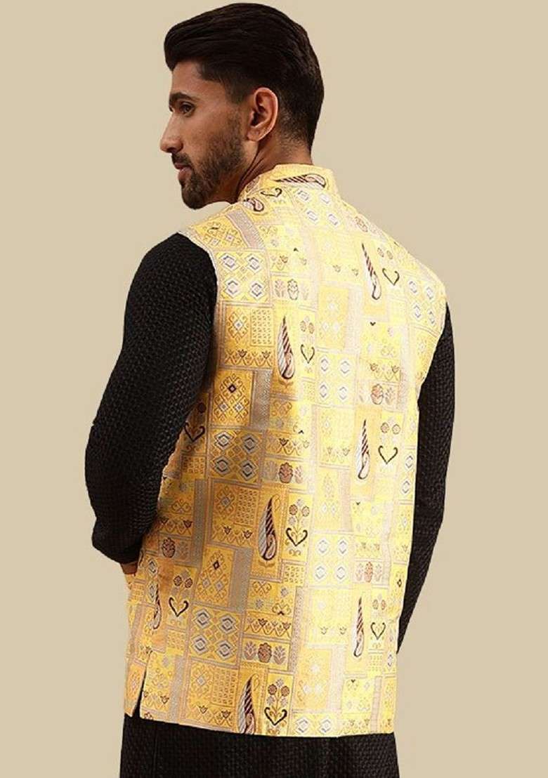 Yellow Geometric Print Brocade Nehru Jackets For Men - Indya