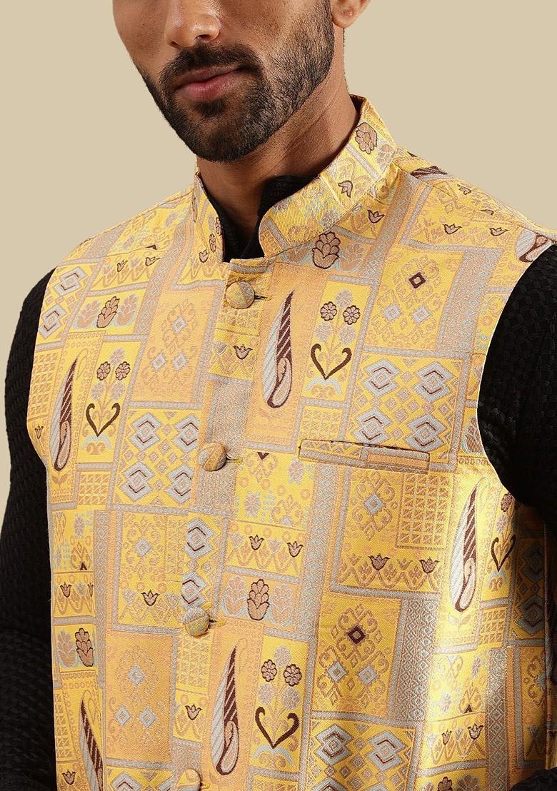 Yellow Geometric Print Brocade Nehru Jackets For Men