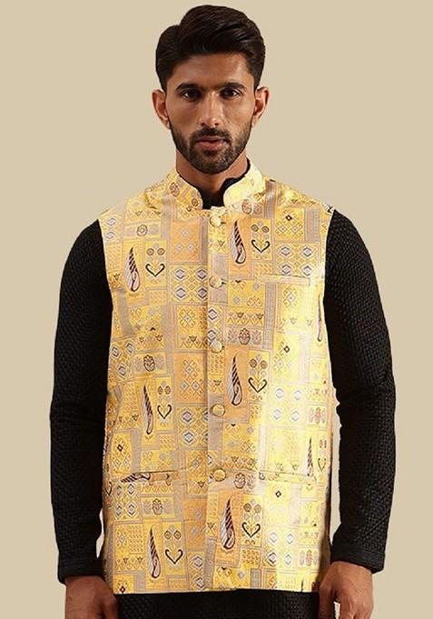 Yellow Geometric Print Brocade Nehru Jackets For Men — view on Indya