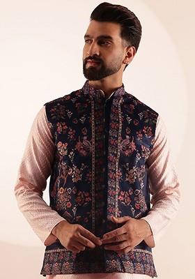 Navy Blue Printed Poly Blend Nehru Jackets For Men
