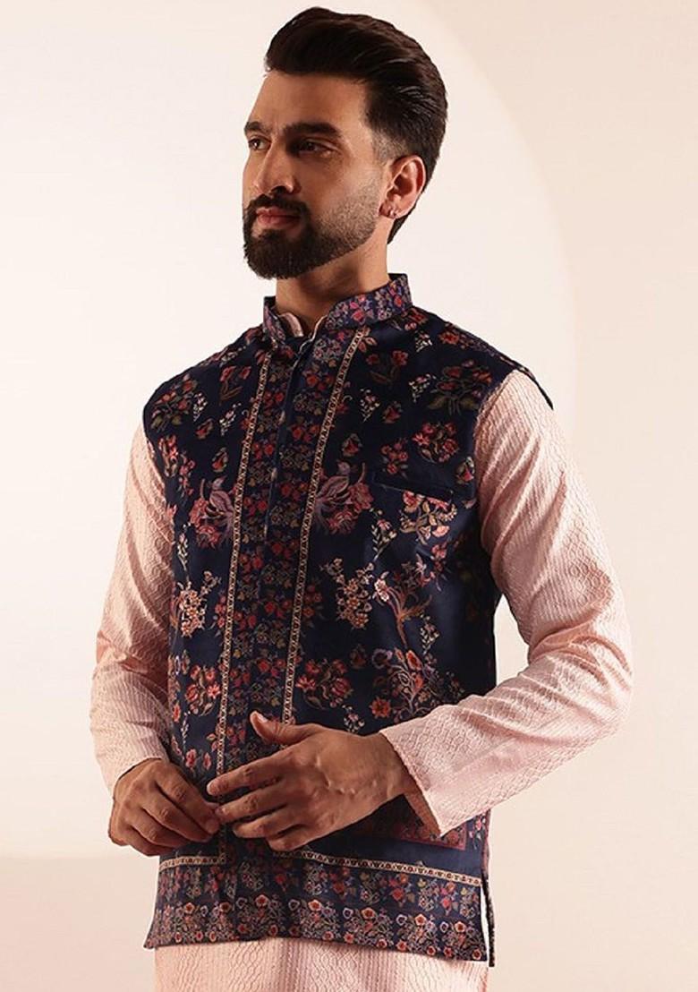 Navy Blue Printed Poly Blend Nehru Jackets For Men