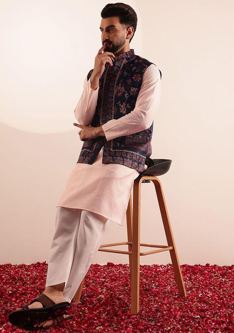 Navy Blue Printed Poly Blend Nehru Jackets For Men