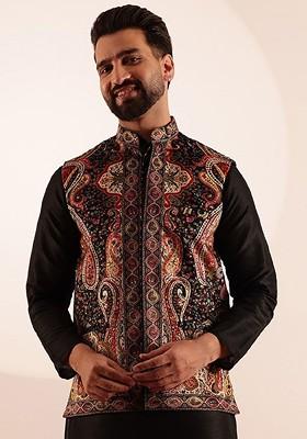 Black Printed Poly Blend Nehru Jackets For Men