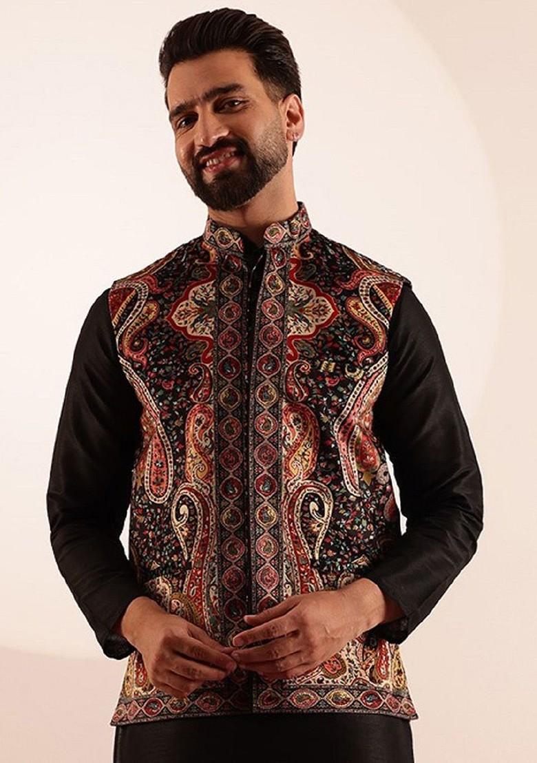 Black Printed Poly Blend Nehru Jackets For Men