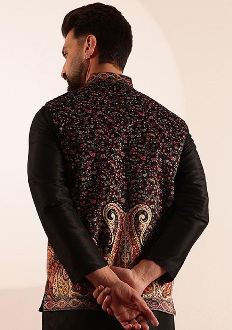 Black Printed Poly Blend Nehru Jackets For Men