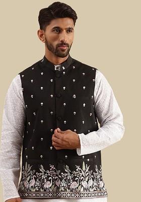 Black Embroidered Poly Blend Nehru Jackets For Men