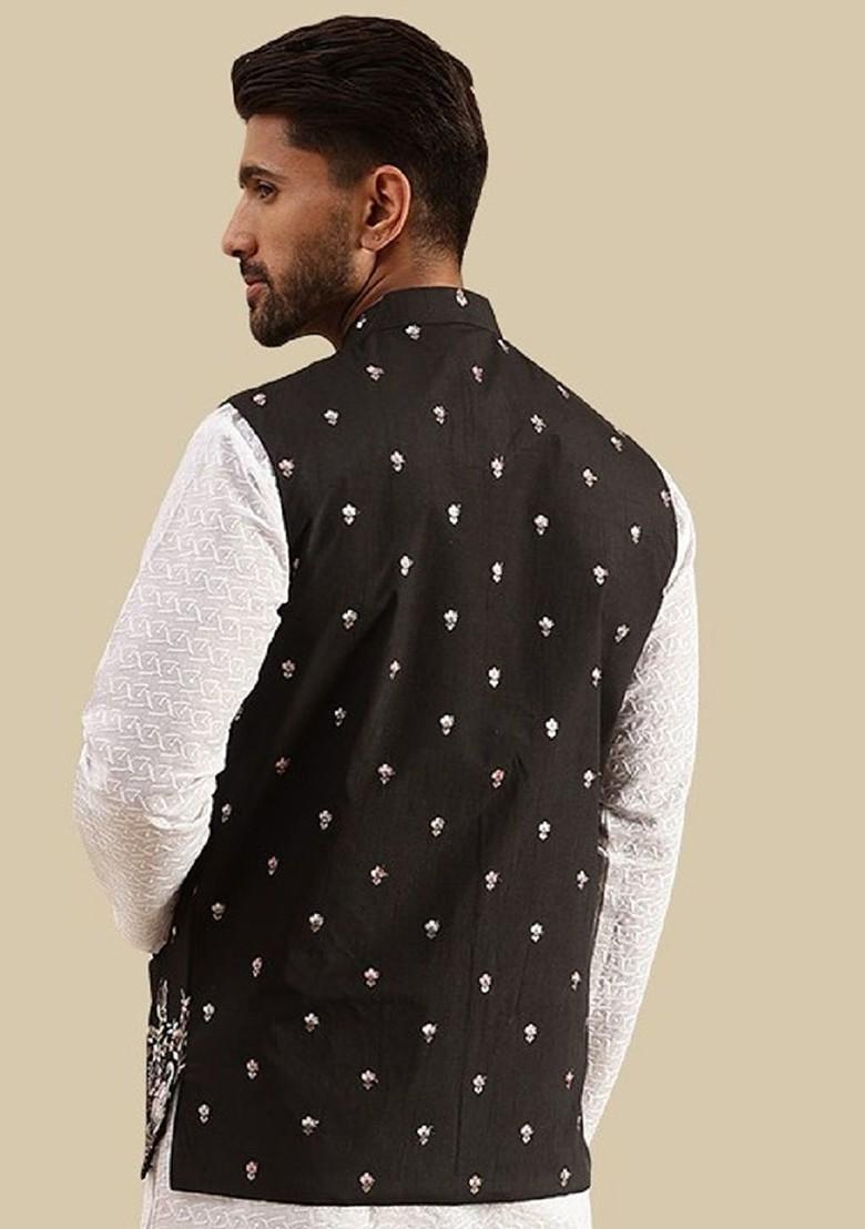 Black Embroidered Poly Blend Nehru Jackets For Men