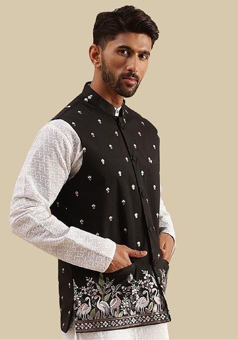 Black Embroidered Poly Blend Nehru Jackets For Men