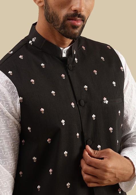 Black Embroidered Poly Blend Nehru Jackets For Men