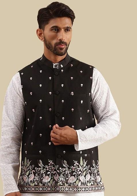 Black Embroidered Poly Blend Nehru Jackets For Men
