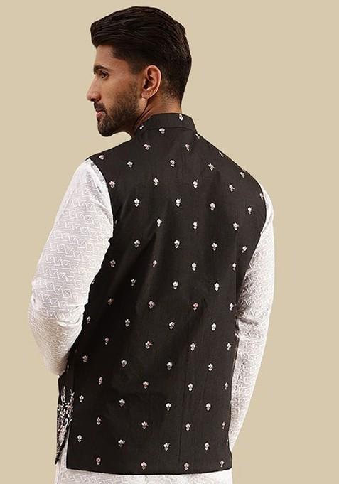 Black Embroidered Poly Blend Nehru Jackets For Men