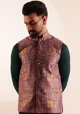 Purple Geometric Print Brocade Nehru Jackets For Men