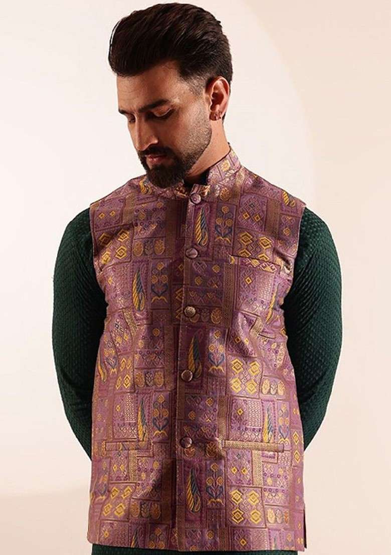 Purple Geometric Print Brocade Nehru Jackets For Men - Indya
