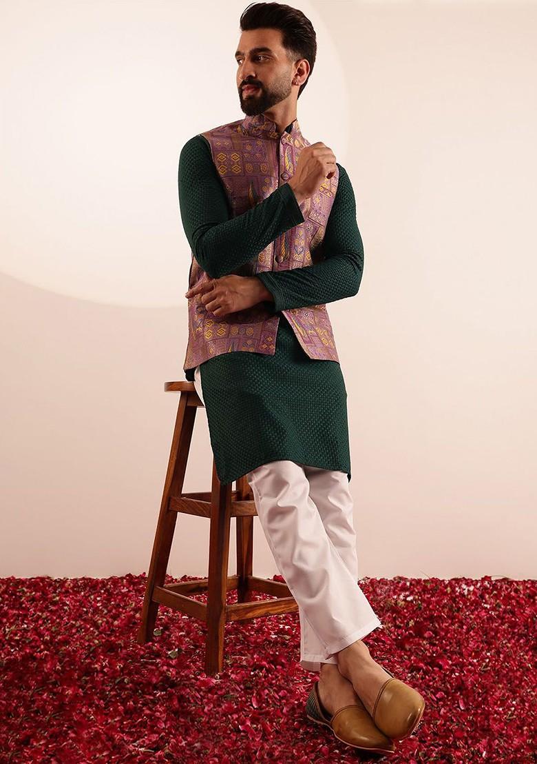 Purple Geometric Print Brocade Nehru Jackets For Men