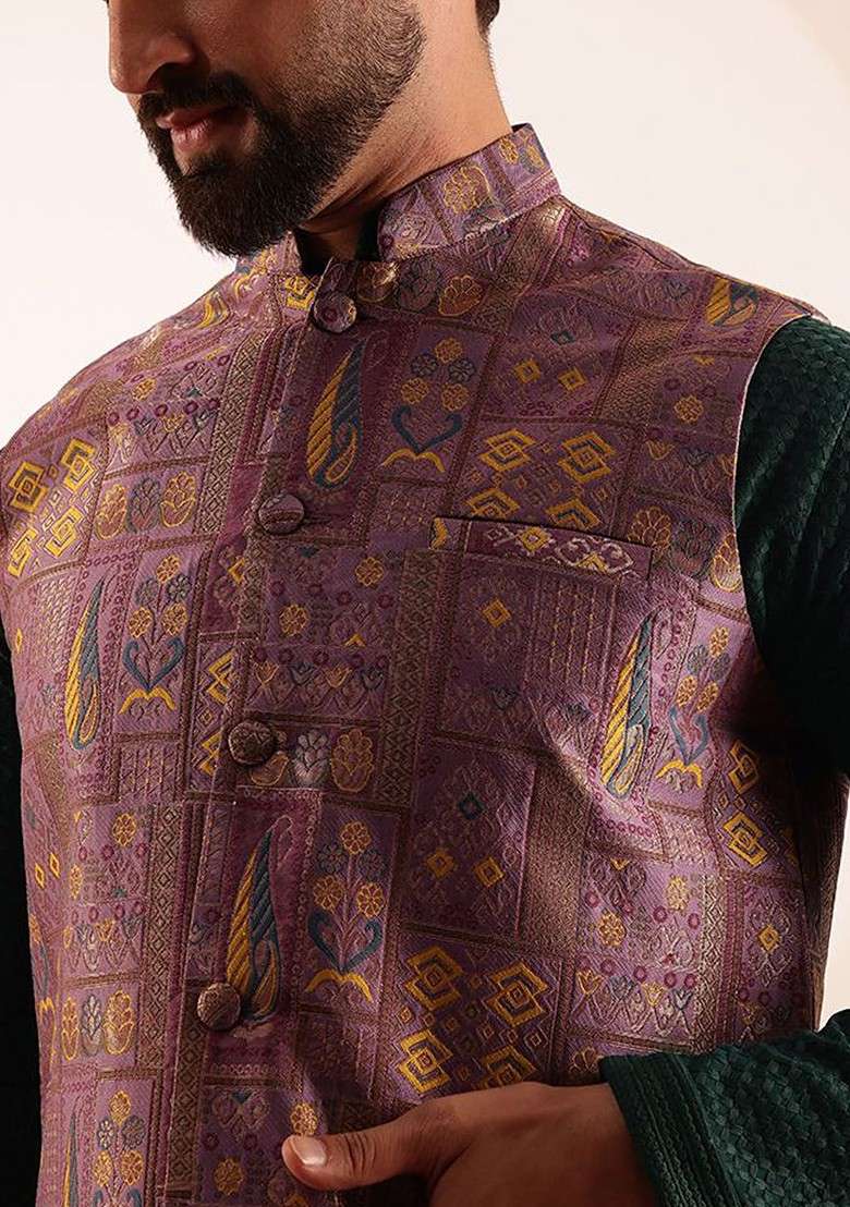 Purple Geometric Print Brocade Nehru Jackets For Men - Indya