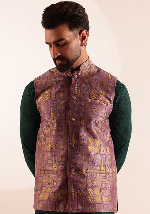Purple Geometric Print Brocade Nehru Jackets For Men — view on Indya