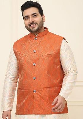 Orange Printed Poly Blend Nehru Jackets For Men