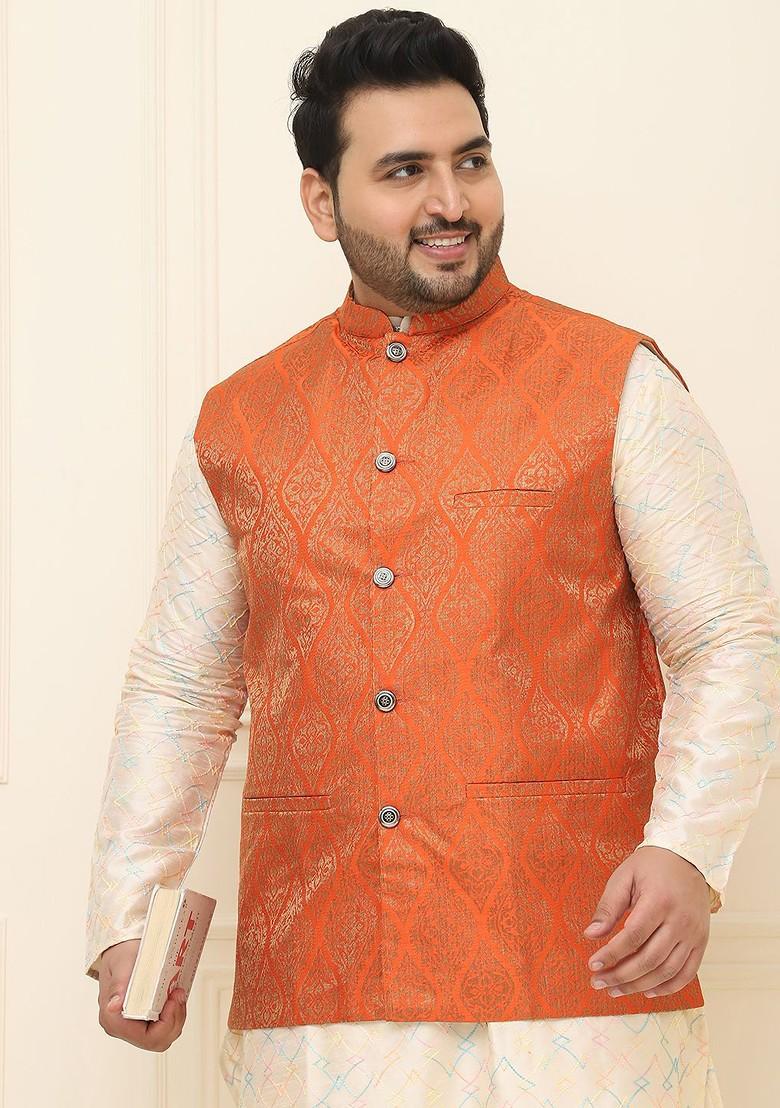 Orange Printed Poly Blend Nehru Jackets For Men