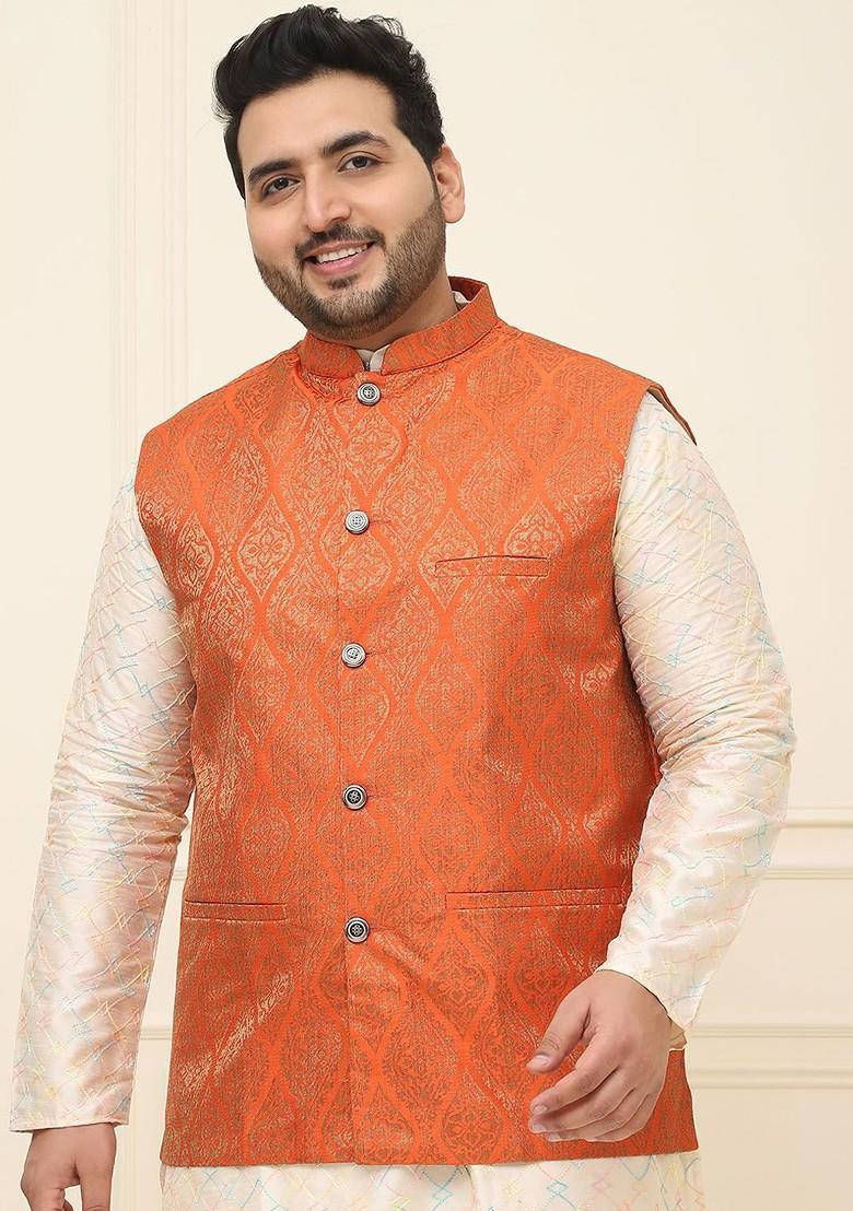 Orange Printed Poly Blend Nehru Jackets For Men