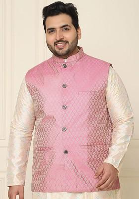 Pink Embroidered Poly Blend Nehru Jackets For Men