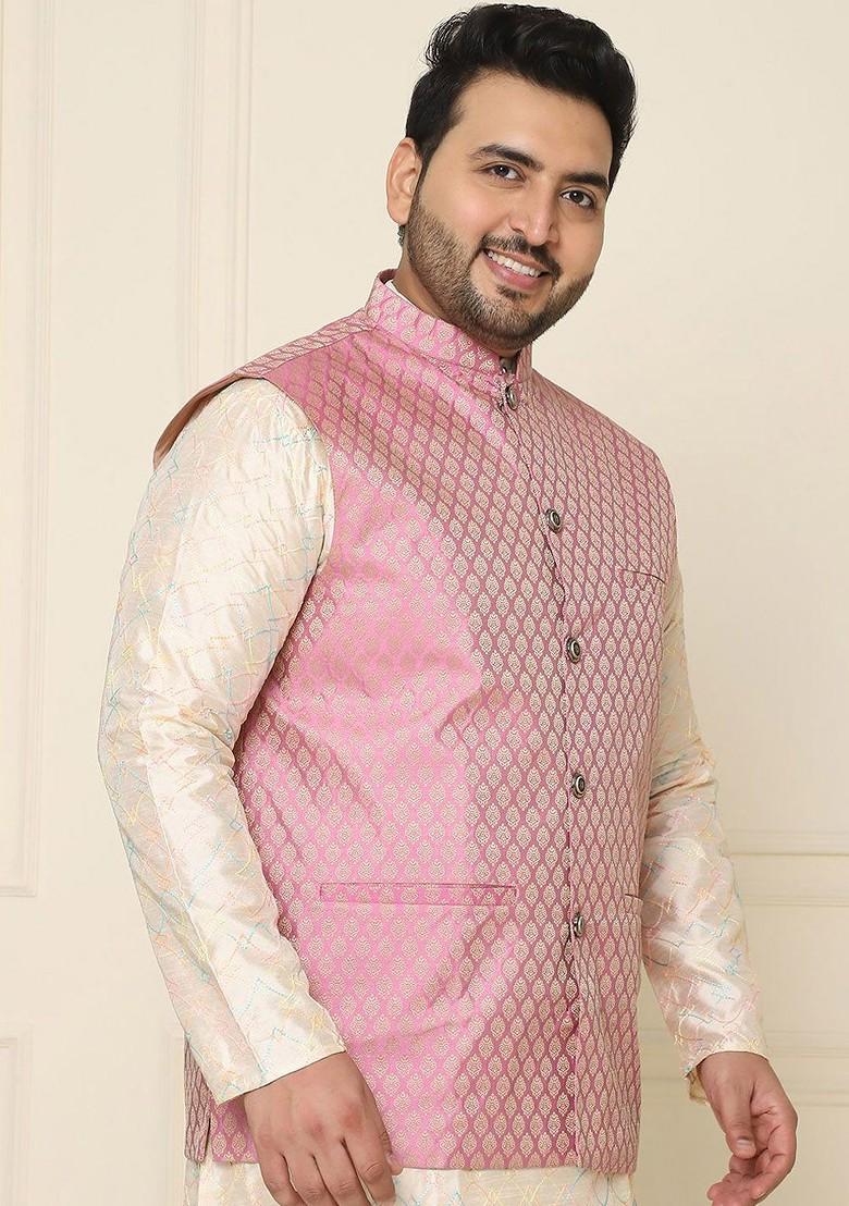 Pink Embroidered Poly Blend Nehru Jackets For Men