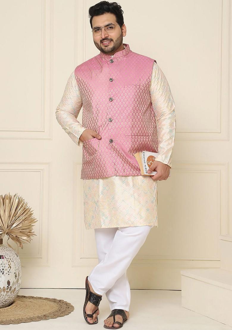 Pink Embroidered Poly Blend Nehru Jackets For Men