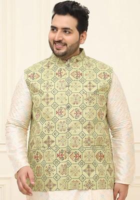 Beige Printed Cotton Nehru Jackets For Men