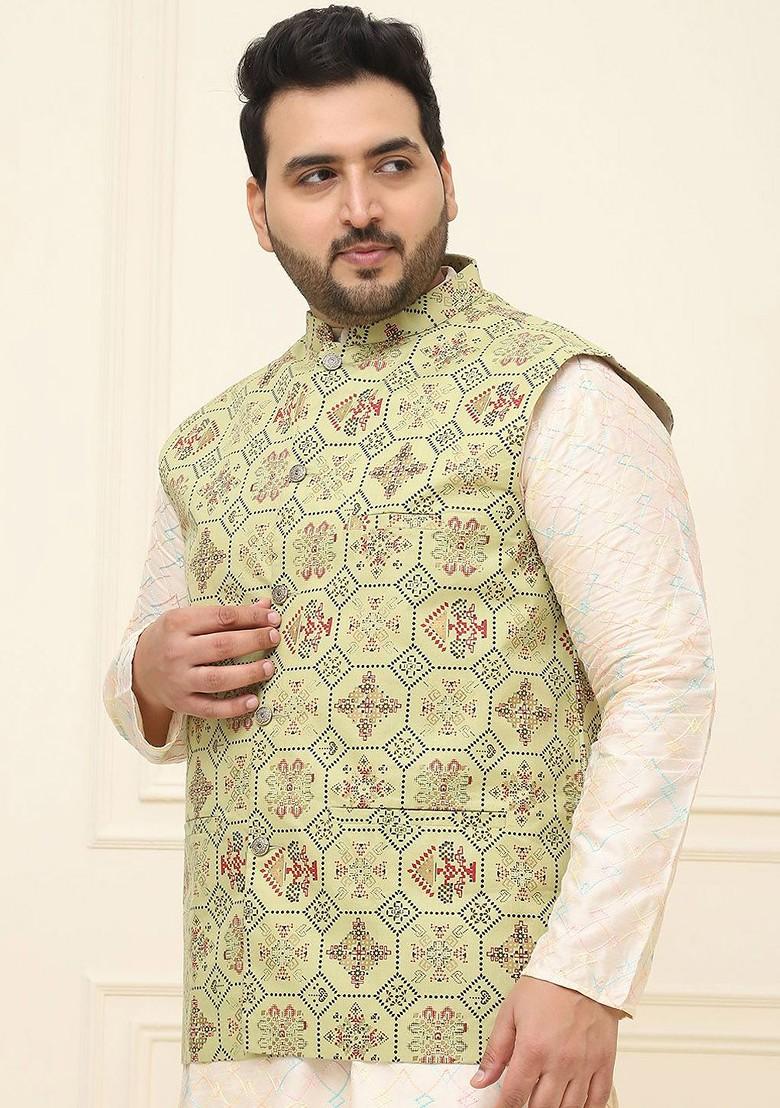 Beige Printed Cotton Nehru Jackets For Men