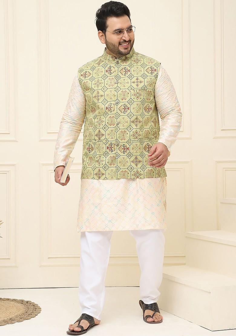 Beige Printed Cotton Nehru Jackets For Men