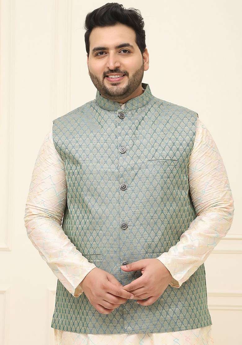 Teal Blue Printed Poly Blend Nehru Jackets For Men - Indya