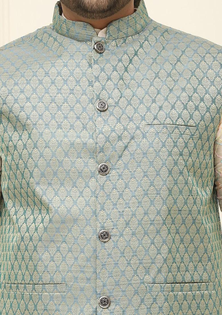 Teal Blue Printed Poly Blend Nehru Jackets For Men