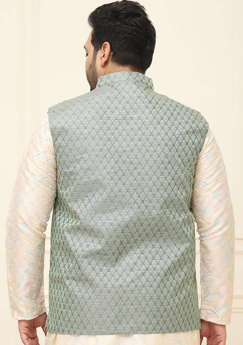 Teal Blue Printed Poly Blend Nehru Jackets For Men - Indya