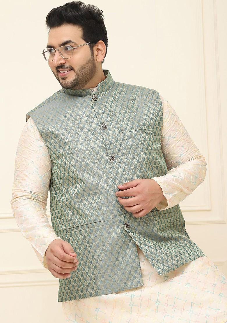 Teal Blue Printed Poly Blend Nehru Jackets For Men