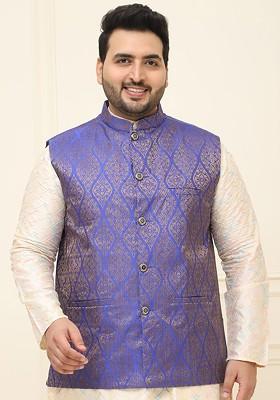 Blue Printed Poly Blend Nehru Jackets For Men