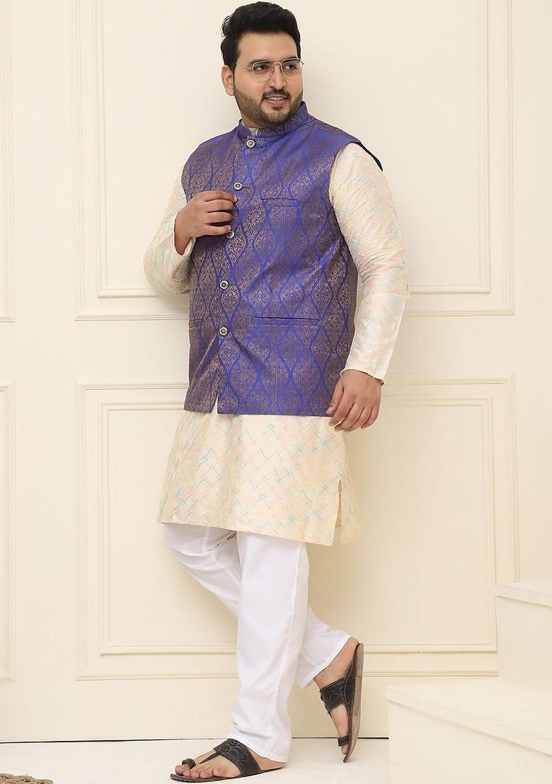 Blue Printed Poly Blend Nehru Jackets For Men